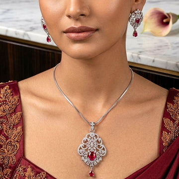 Red Wine Lightweight American Diamond Pendant Set | The Indian Mudra