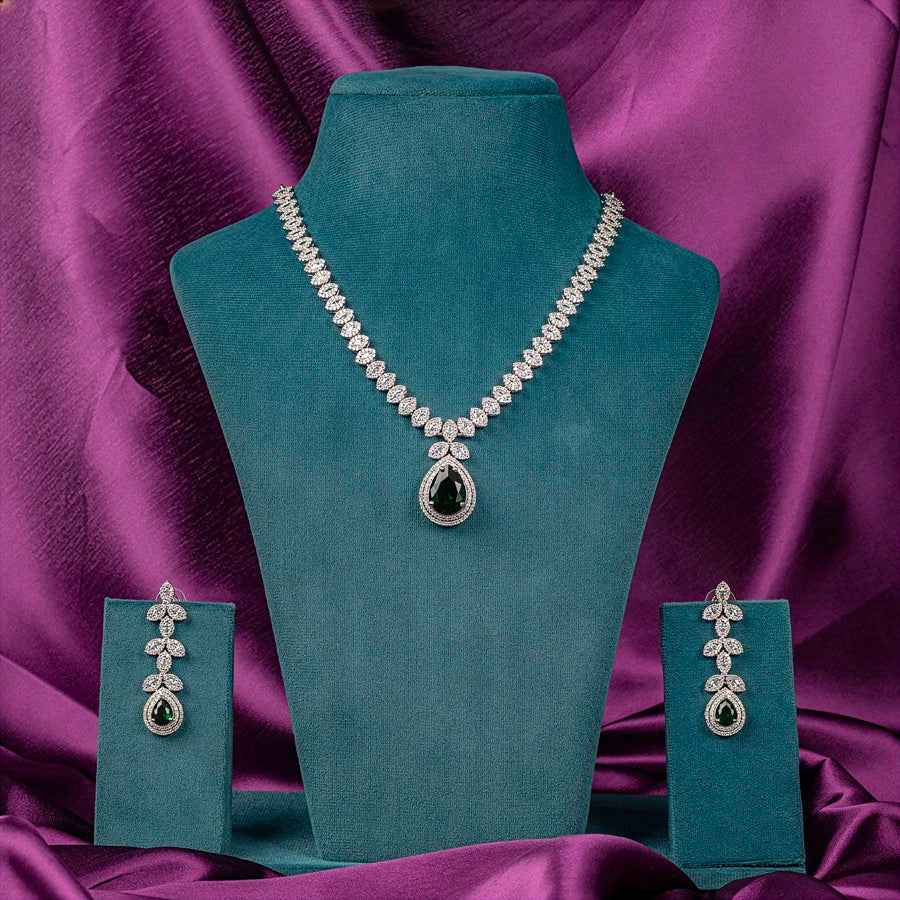 Bottle Green Lightweight Silver Polish Short American Diamond Necklace Set for Women for Occasion and Party Wear (MC-NS-003-EM-SL)