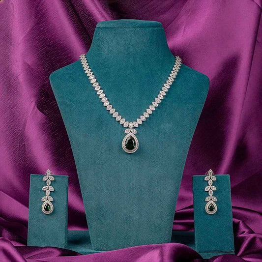 Bottle Green Lightweight Silver Polish Short American Diamond Necklace Set for Women for Occasion and Party Wear (MC-NS-003-EM-SL)