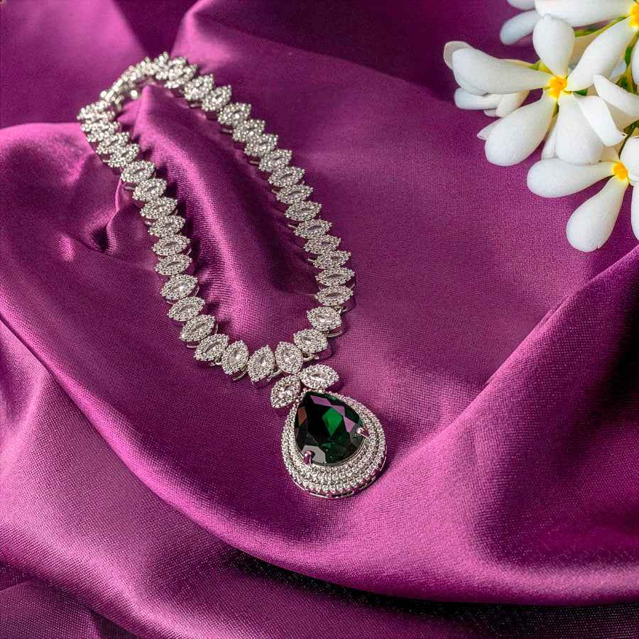 Bottle Green Lightweight Silver Polish Short American Diamond Necklace Set for Women for Occasion and Party Wear (MC-NS-003-EM-SL)