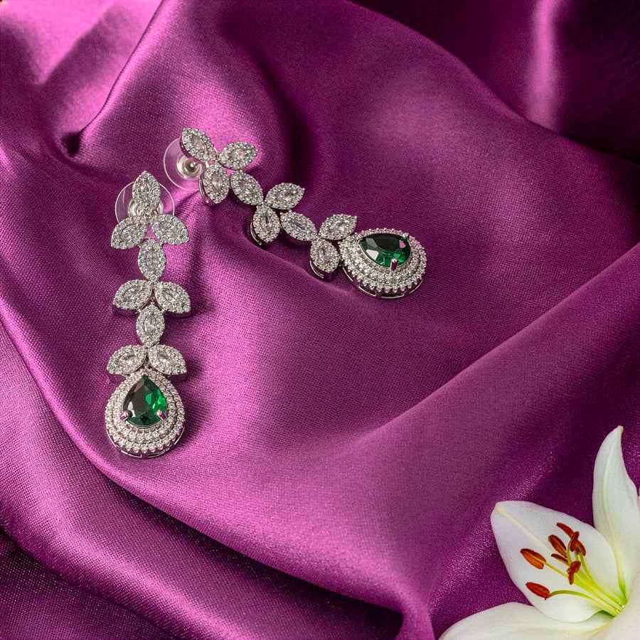 Bottle Green Lightweight Silver Polish Short American Diamond Necklace Set for Women for Occasion and Party Wear (MC-NS-003-EM-SL)