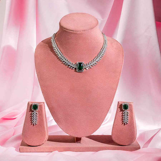 Bottle Green Silver Polish Short Lightweight American Diamond Necklace Set for Women for Occasion and Party Wear (MC-NS-001-EM-SL)
