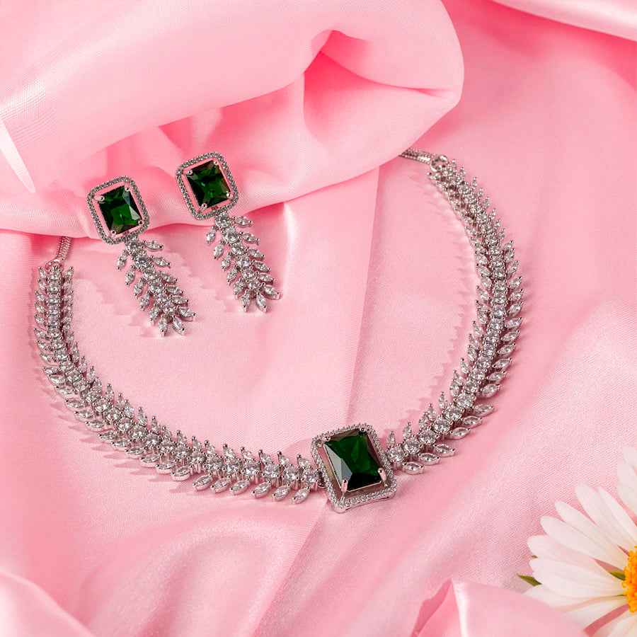 Bottle Green Silver Polish Short Lightweight American Diamond Necklace Set for Women for Occasion and Party Wear (MC-NS-001-EM-SL)
