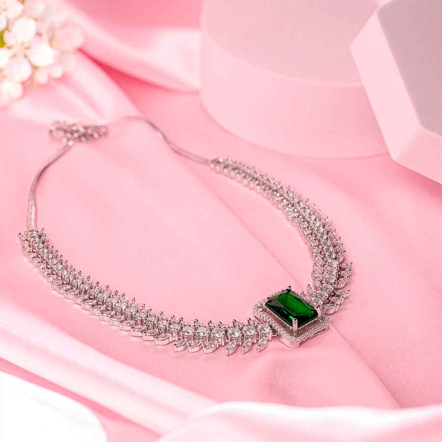 Bottle Green Silver Polish Short Lightweight American Diamond Necklace Set for Women for Occasion and Party Wear (MC-NS-001-EM-SL)
