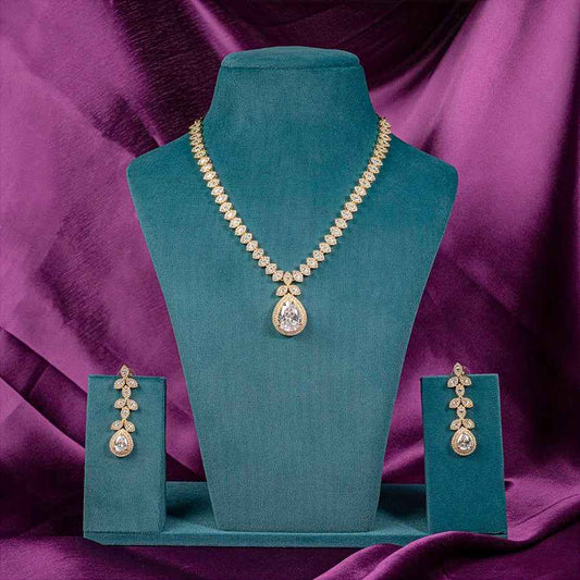 White Gold Polish Short Lightweight American Diamond Necklace Set for Women for Occasion and Party Wear (MC-NS-003-AD-GD)