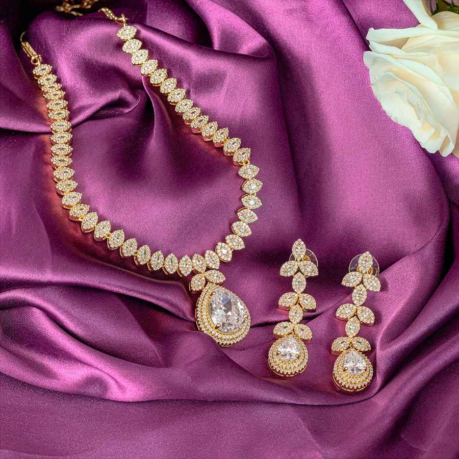 White Gold Polish Short Lightweight American Diamond Necklace Set for Women for Occasion and Party Wear (MC-NS-003-AD-GD)