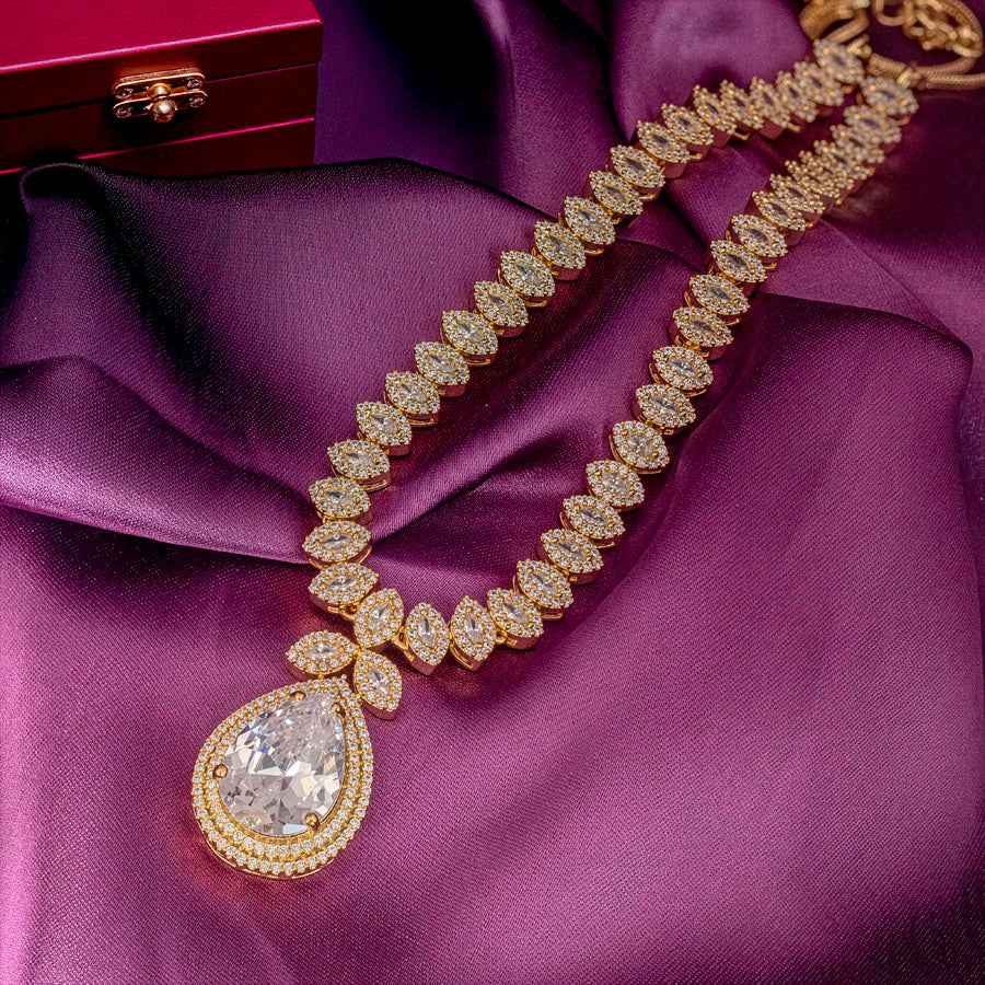 White Gold Polish Short Lightweight American Diamond Necklace Set for Women for Occasion and Party Wear (MC-NS-003-AD-GD)