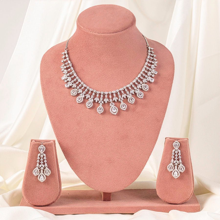 American Diamond Lightweight Necklace Set for Women for Occasion and Party Wear white short Silver Polish (MC - NS - 016 - AD - SL - 1) - The Indian Mudra