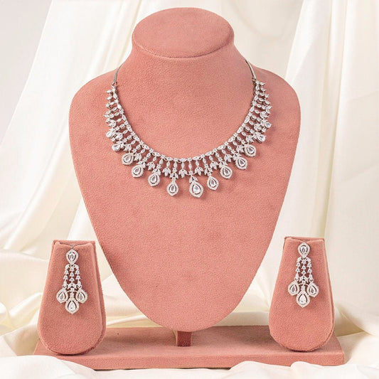 American Diamond Lightweight Necklace Set for Women for Occasion and Party Wear white short Silver Polish (MC - NS - 016 - AD - SL - 1) - The Indian Mudra