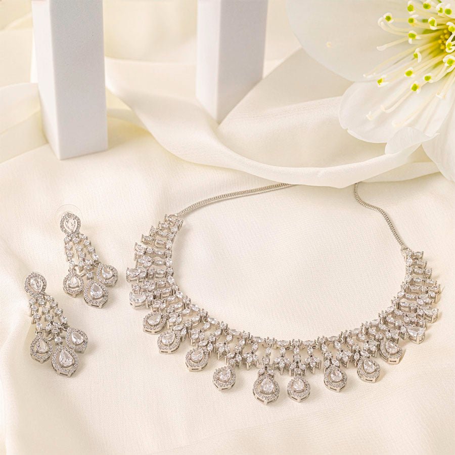 American Diamond Lightweight Necklace Set for Women for Occasion and Party Wear white short Silver Polish (MC - NS - 016 - AD - SL - 1) - The Indian Mudra