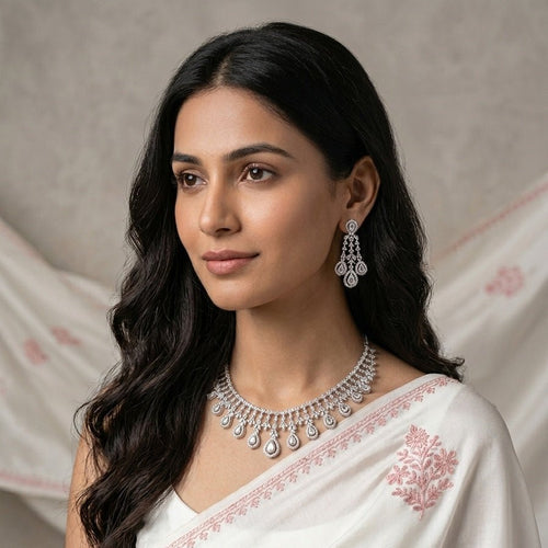 American Diamond Lightweight Necklace Set for Women for Occasion and Party Wear white short Silver Polish (MC - NS - 016 - AD - SL - 1) - The Indian Mudra