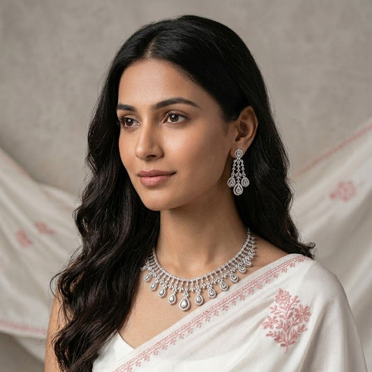 American Diamond Lightweight Necklace Set for Women for Occasion and Party Wear white short Silver Polish (MC - NS - 016 - AD - SL - 1) - The Indian Mudra