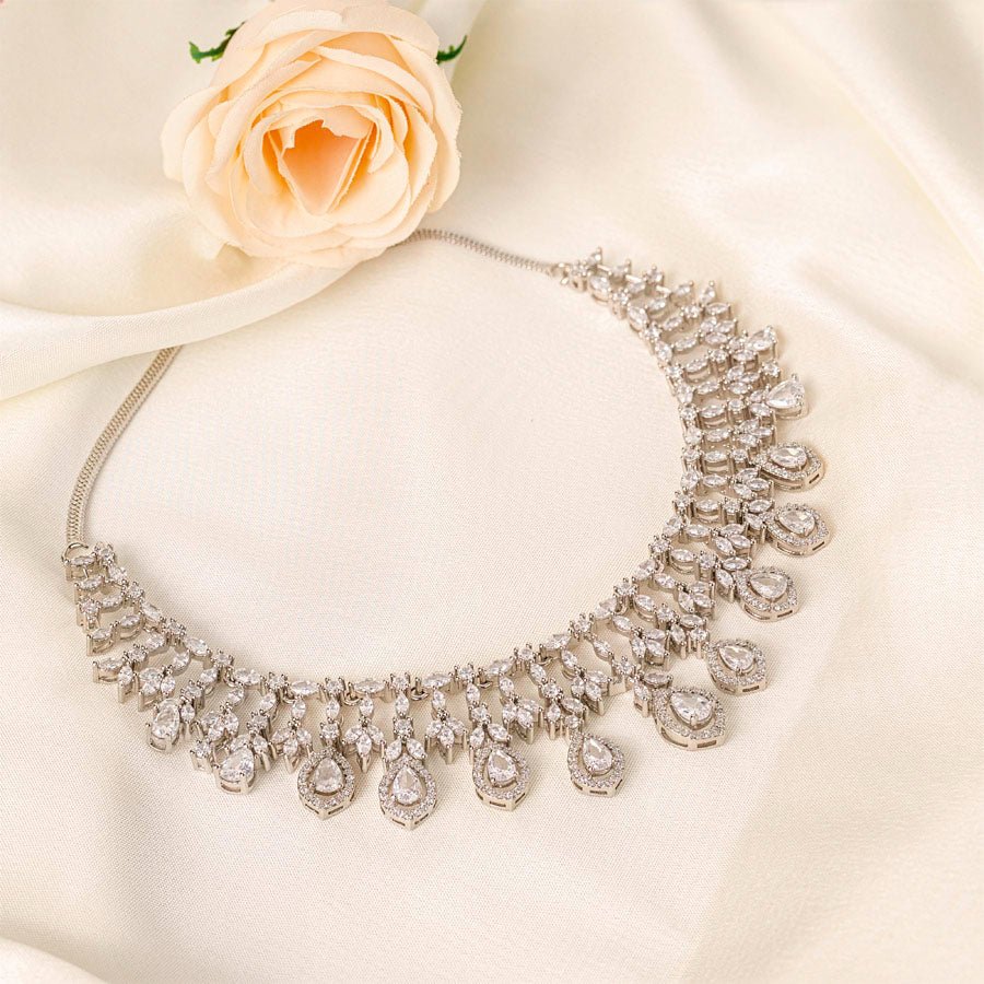 American Diamond Lightweight Necklace Set for Women for Occasion and Party Wear white short Silver Polish (MC - NS - 016 - AD - SL - 1) - The Indian Mudra