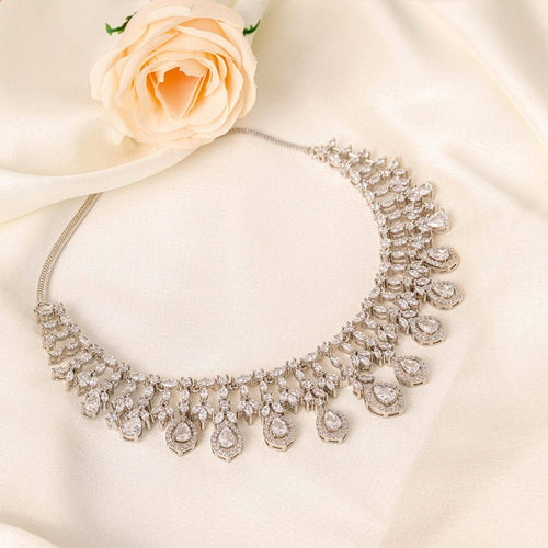 American Diamond Lightweight Necklace Set for Women for Occasion and Party Wear white short Silver Polish (MC - NS - 016 - AD - SL - 1) - The Indian Mudra