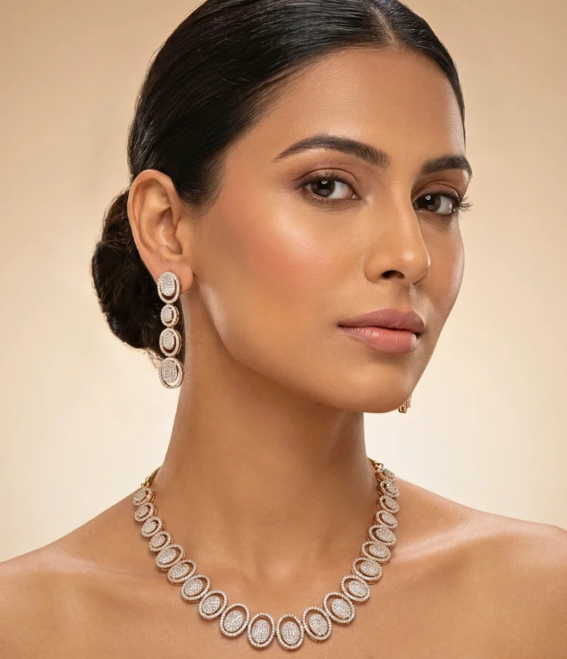 A woman wearing American diamond necklace and earrings set from The Indian Mudra