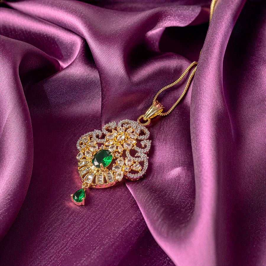 Bottle Green Gold Lightweight American Diamond Pendant Set for Women for Occasion and Party Wear (MI - PEN - 006 - EM - GD) - The Indian Mudra