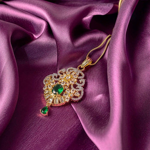 Bottle Green Gold Lightweight American Diamond Pendant Set for Women for Occasion and Party Wear (MI - PEN - 006 - EM - GD) - The Indian Mudra