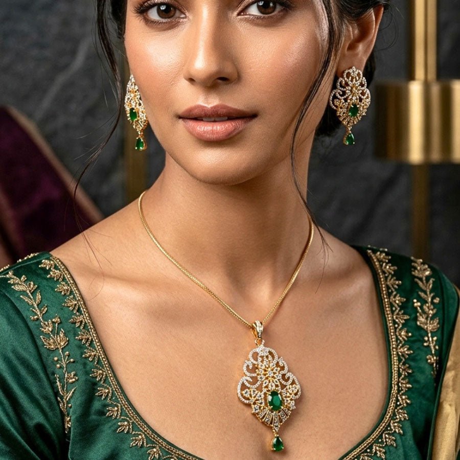 Bottle Green Gold Lightweight American Diamond Pendant Set for Women for Occasion and Party Wear (MI - PEN - 006 - EM - GD) - The Indian Mudra