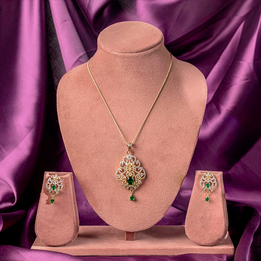 Bottle Green Gold Lightweight American Diamond Pendant Set for Women for Occasion and Party Wear (MI - PEN - 006 - EM - GD) - The Indian Mudra