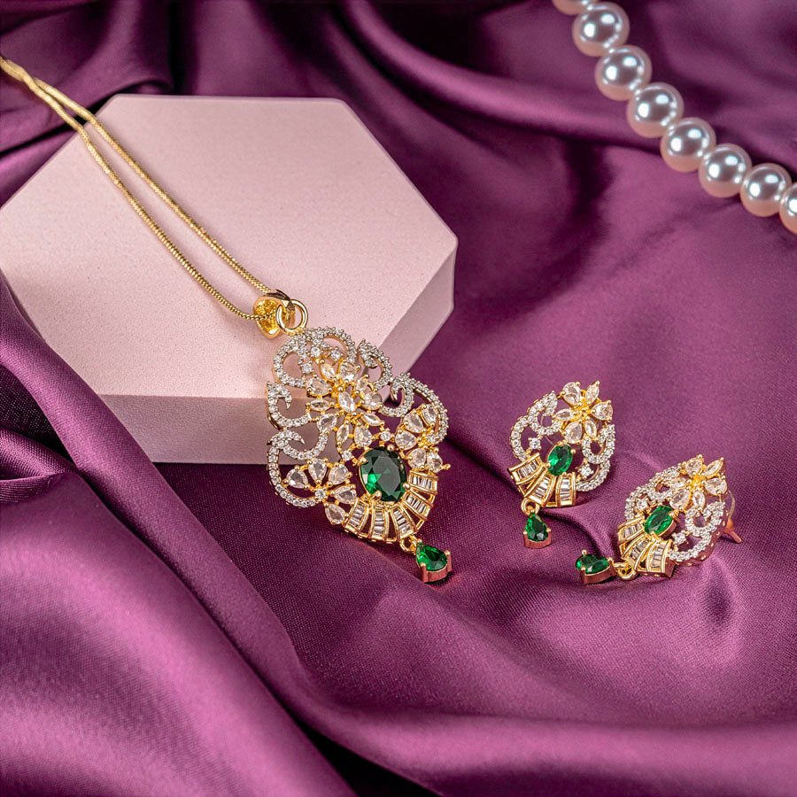 Bottle Green Gold Lightweight American Diamond Pendant Set for Women for Occasion and Party Wear (MI - PEN - 006 - EM - GD) - The Indian Mudra