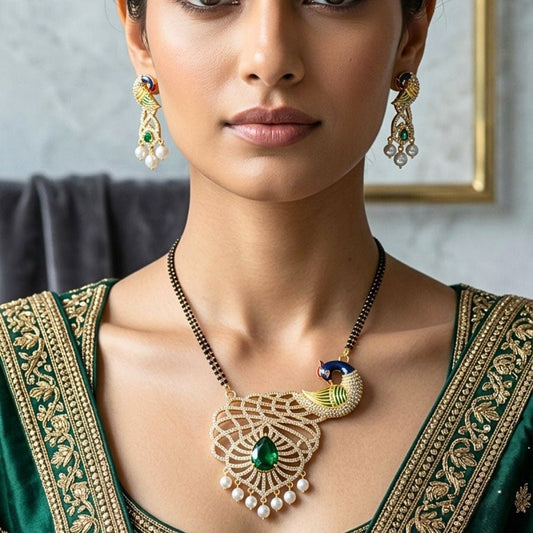 Bottle Green Gold Pendant Set Lightweight American Diamond for Women for Occasion and Party Wear (MI - PEN - 007 - EM - GD) - The Indian Mudra