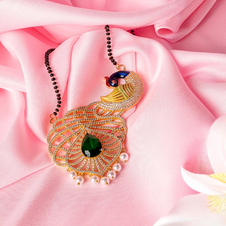 Bottle Green Gold Pendant Set Lightweight American Diamond for Women for Occasion and Party Wear (MI - PEN - 007 - EM - GD) - The Indian Mudra