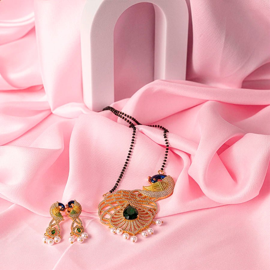 Bottle Green Gold Pendant Set Lightweight American Diamond for Women for Occasion and Party Wear (MI - PEN - 007 - EM - GD) - The Indian Mudra