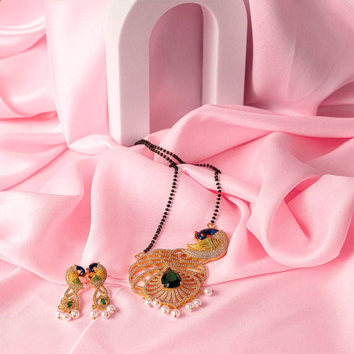 Bottle Green Gold Pendant Set Lightweight American Diamond for Women for Occasion and Party Wear (MI - PEN - 007 - EM - GD) - The Indian Mudra