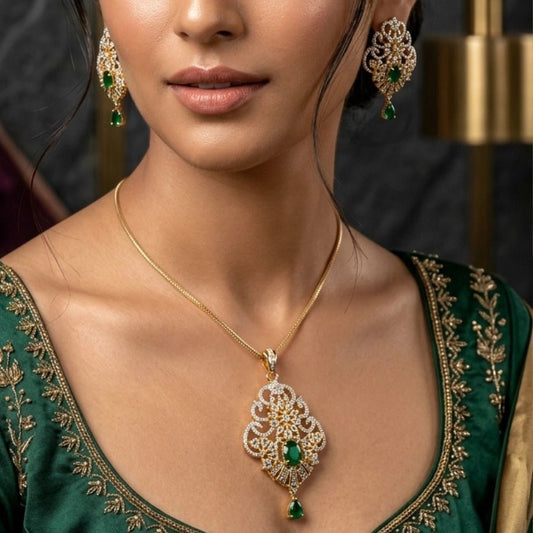 Bottle Green Gold Polish Lightweight American Diamond Pendant Set - The Indian Mudra