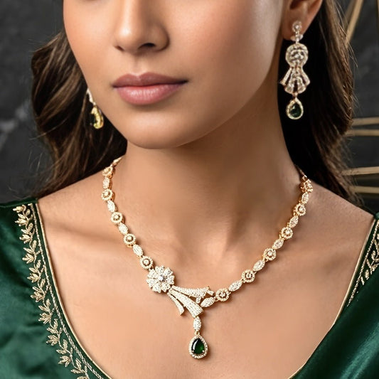Bottle Green Gold Polish Short Lightweight American Diamond Necklace Set - The Indian Mudra