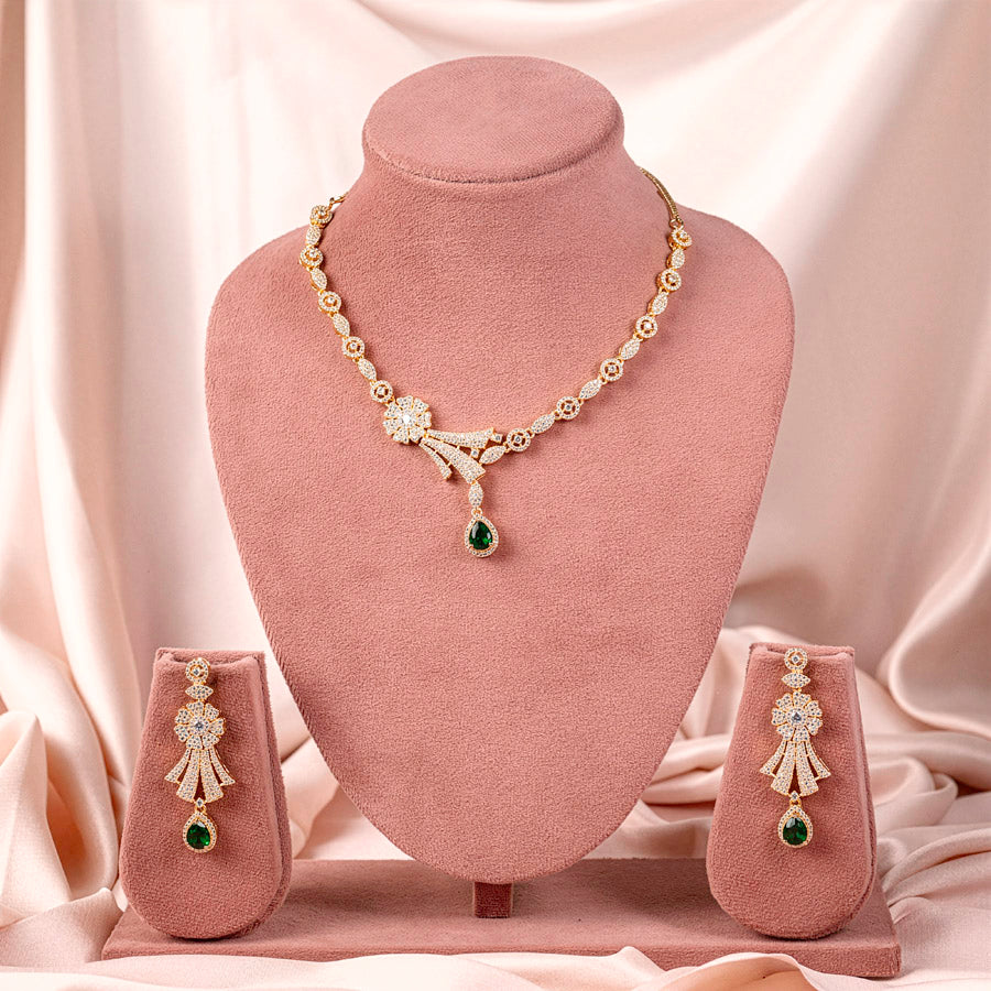 Bottle Green Gold Short Lightweight American Diamond Necklace Set for Women for Occasion and Party Wear (MC-NS-007-EM-GD)