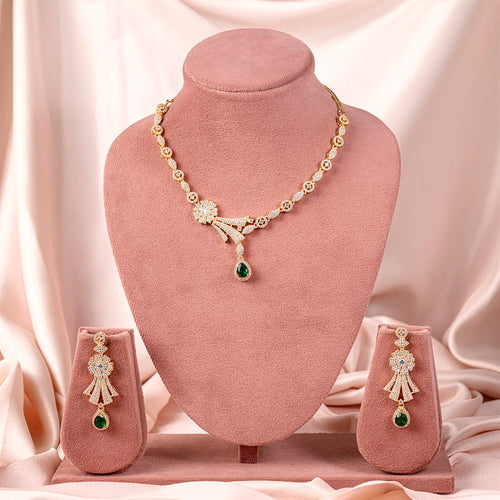 Bottle Green Gold Short Lightweight American Diamond Necklace Set for Women for Occasion and Party Wear (MC-NS-007-EM-GD)