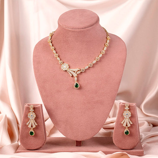 Bottle Green Gold Short Lightweight American Diamond Necklace Set for Women for Occasion and Party Wear (MC-NS-007-EM-GD)