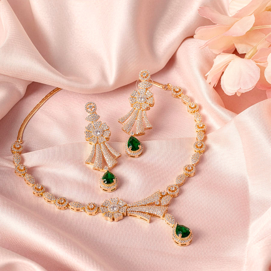 Bottle Green Gold Short Lightweight American Diamond Necklace Set for Women for Occasion and Party Wear (MC-NS-007-EM-GD)