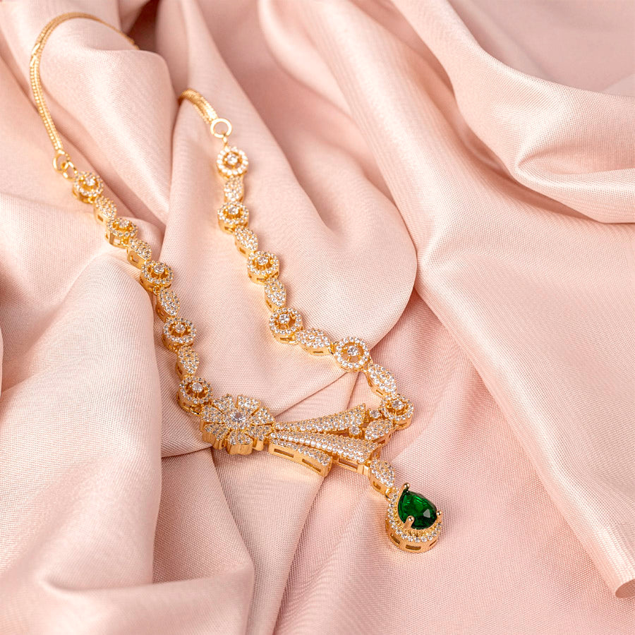 Bottle Green Gold Short Lightweight American Diamond Necklace Set for Women for Occasion and Party Wear (MC-NS-007-EM-GD)