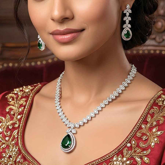 Bottle Green Lightweight Silver Polish Short American Diamond Necklace Set for Women for Occasion and Party Wear (MC-NS-003-EM-SL)