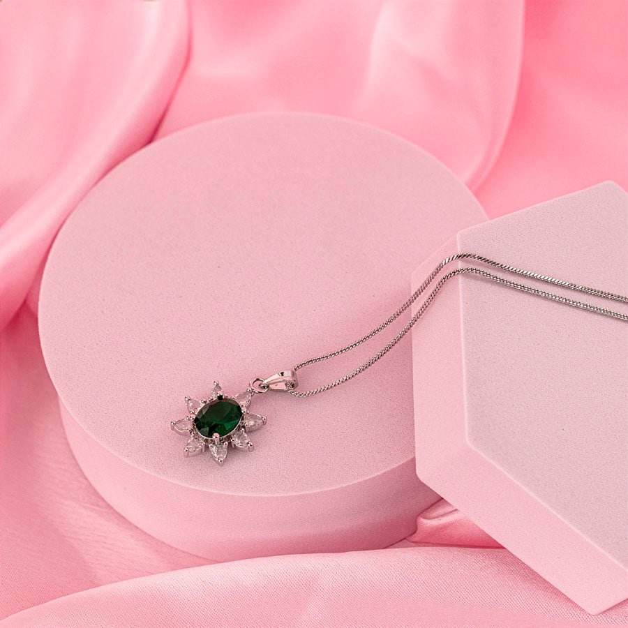 Bottle Green Pendant Set Lightweight American Diamond for Women for Occasion and Party Wear (MI - PEN - 003 - EM - SL) - The Indian Mudra
