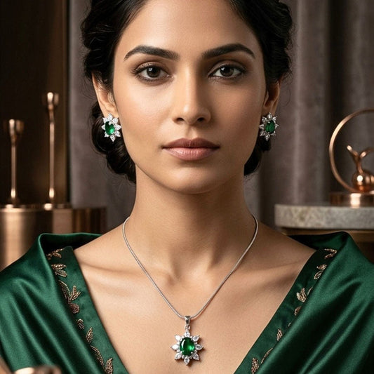 Bottle Green Pendant Set Lightweight American Diamond for Women for Occasion and Party Wear (MI - PEN - 003 - EM - SL) - The Indian Mudra
