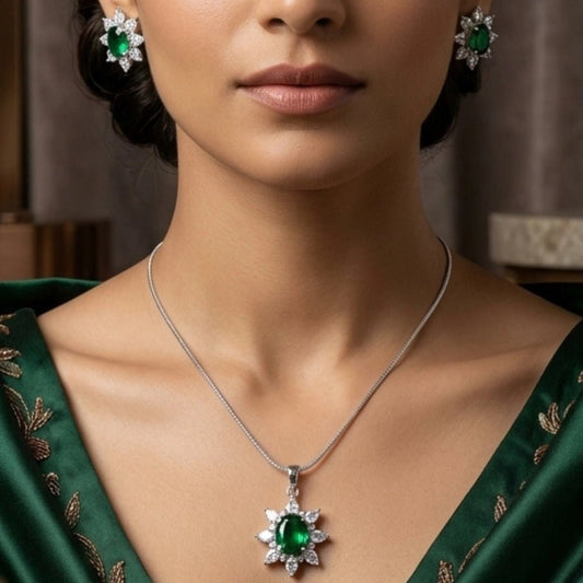 Bottle Green Pendant Set Of American Diamond - The Indian Mudra