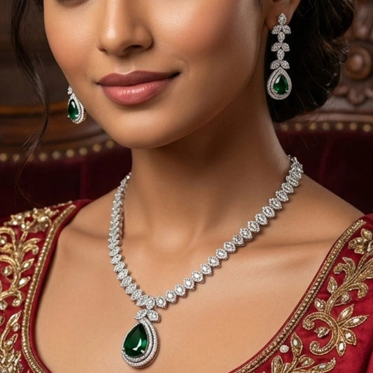 Bottle Green Short American Diamond Necklace Set - The Indian Mudra
