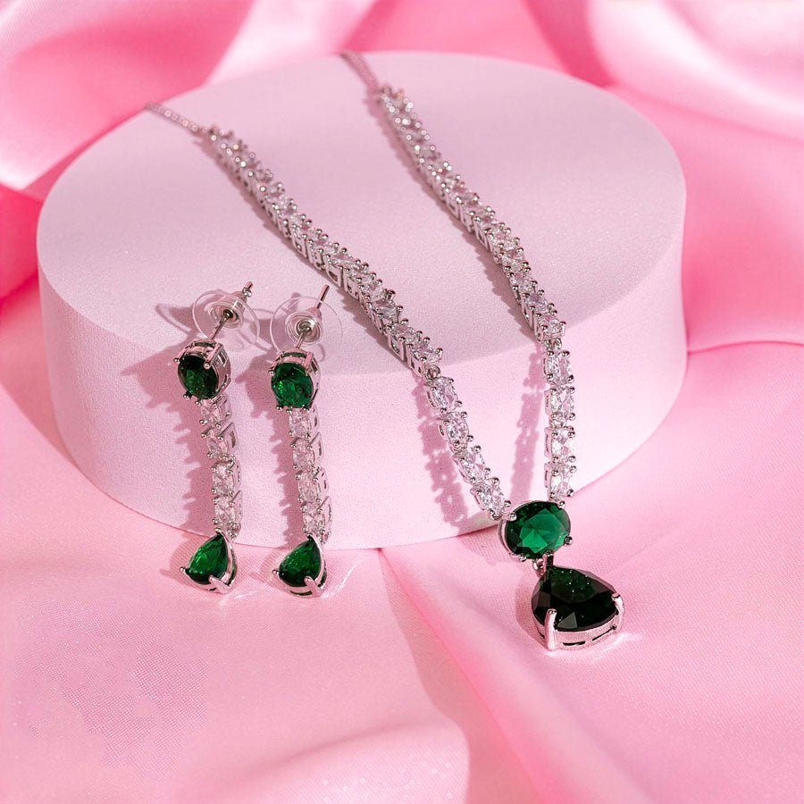 Bottle Green Short Silver American Diamond Lightweight Necklace Set for Women for Occasion and Party Wear (MI - NS - 001 - EM - SL) - The Indian Mudra