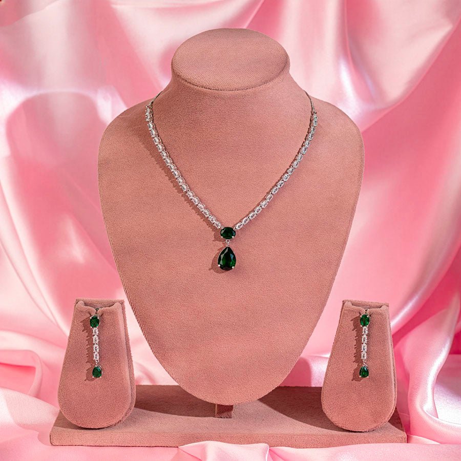 Bottle Green Short Silver American Diamond Lightweight Necklace Set for Women for Occasion and Party Wear (MI - NS - 001 - EM - SL) - The Indian Mudra