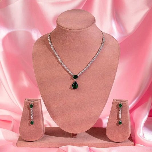 Bottle Green Short Silver American Diamond Lightweight Necklace Set for Women for Occasion and Party Wear (MI - NS - 001 - EM - SL) - The Indian Mudra