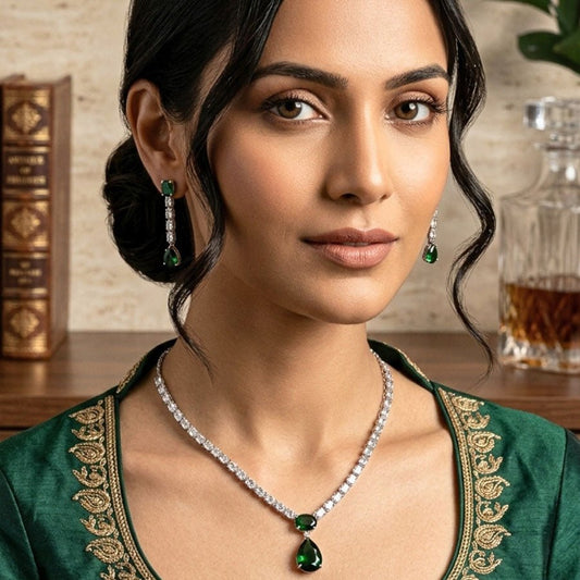 Bottle Green Short Silver American Diamond Lightweight Necklace Set for Women for Occasion and Party Wear (MI - NS - 001 - EM - SL) - The Indian Mudra