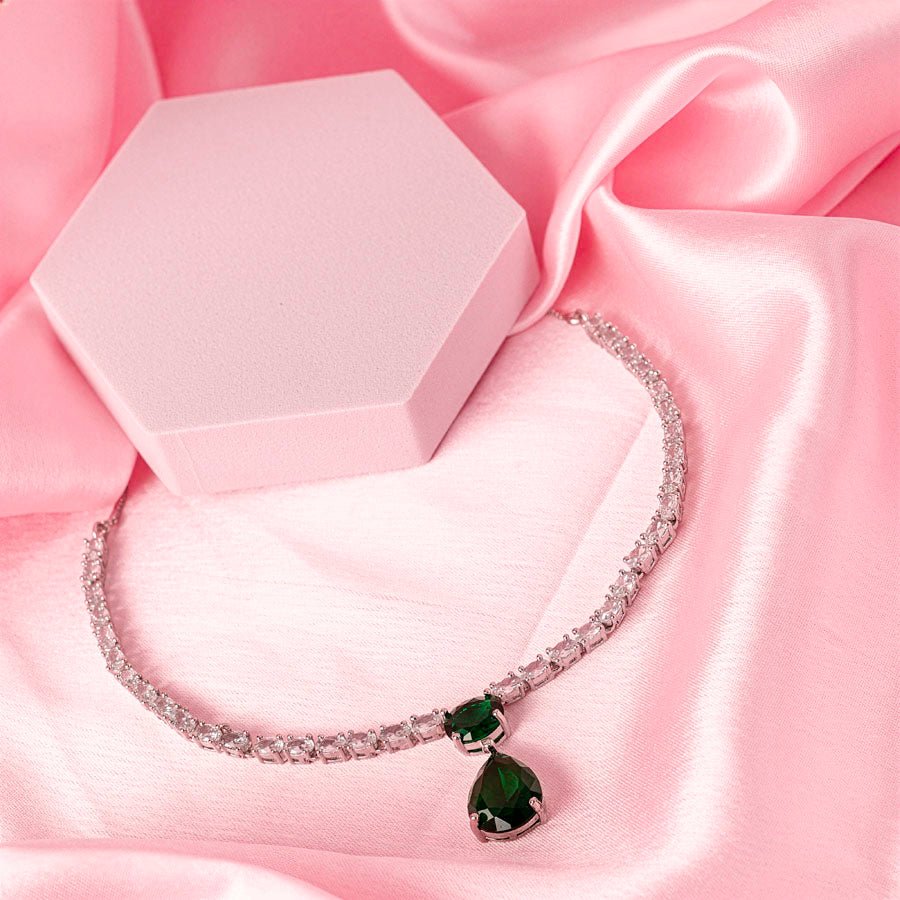 Bottle Green Short Silver American Diamond Lightweight Necklace Set for Women for Occasion and Party Wear (MI - NS - 001 - EM - SL) - The Indian Mudra