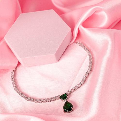 Bottle Green Short Silver American Diamond Lightweight Necklace Set for Women for Occasion and Party Wear (MI - NS - 001 - EM - SL) - The Indian Mudra