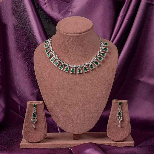Bottle Green Short Silver Polish Lightweight American Diamond Necklace Set for Women for Occasion and Party Wear (MC-NS-002-EM-SL)