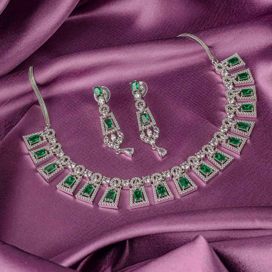 Bottle Green Short Silver Polish Lightweight American Diamond Necklace Set for Women for Occasion and Party Wear (MC-NS-002-EM-SL)