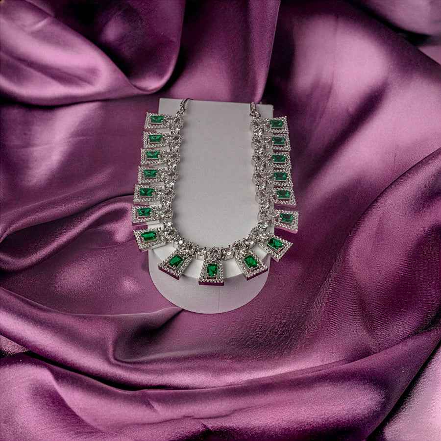 Bottle Green Short Silver Polish Lightweight American Diamond Necklace Set for Women for Occasion and Party Wear (MC-NS-002-EM-SL)