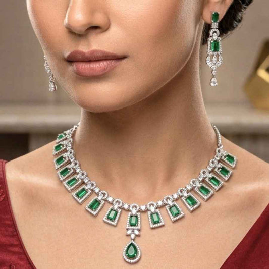 Bottle Green Short Silver Polish Lightweight American Diamond Necklace Set for Women for Occasion and Party Wear (MC-NS-002-EM-SL)